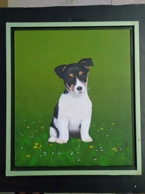 Painting by D. Stavrou used, dog theme, oil paint on cardboard