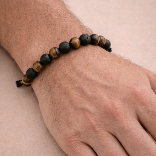 Men's bracelet with natural Tiger's Eye and volcanic lava new