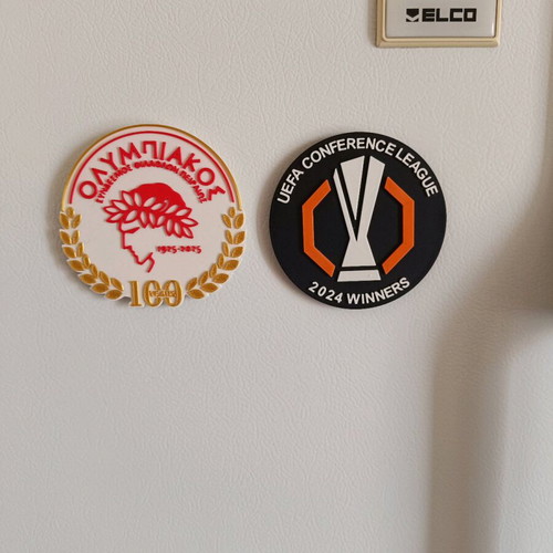 Olympiacos 100 Years Collectible Badge and UEFA Europa Conference League Winners 2024 Badge