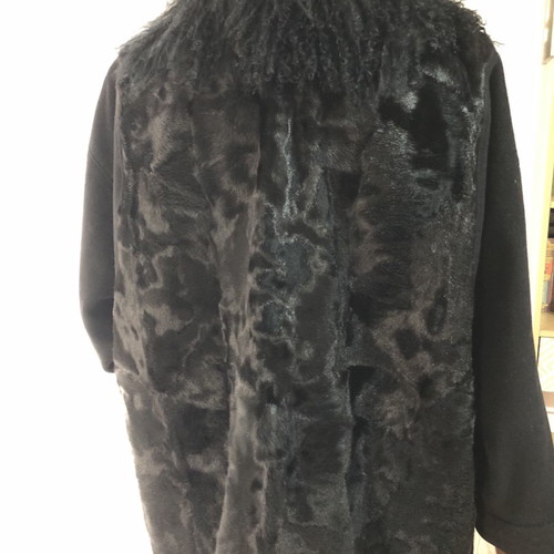 Swakara coat new with detachable fur collar, black, size L-XL