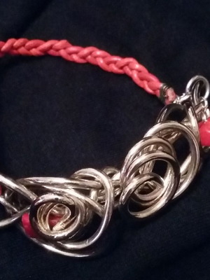 Marianna bracelet, vintage silver plated with leather and coral