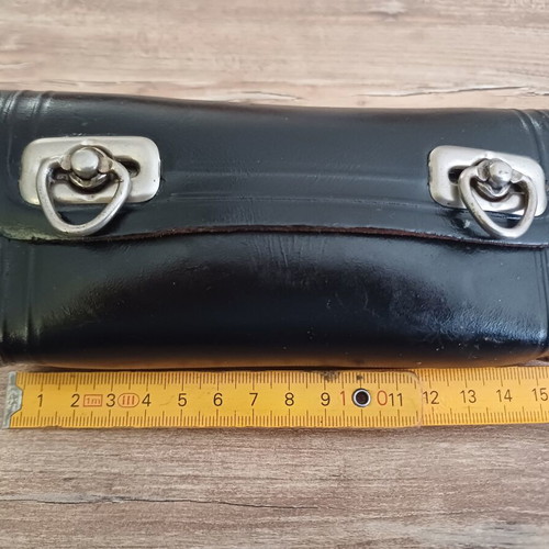 Leather bicycle tool bag used, vintage black with metal clasps