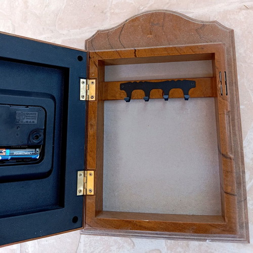 Wooden key holder clock used, wall-mounted, analog