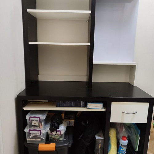 Bookcase used, black color with shelves and drawer