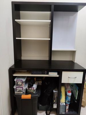 Bookcase used, black color with shelves and drawer