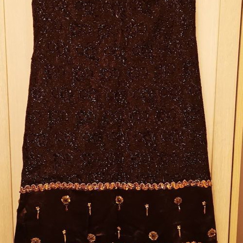 Evening dress used with crystals and gold trims brown XL