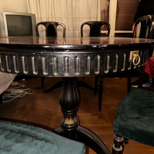 Solid wood carved dining table with 6 chairs, vintage