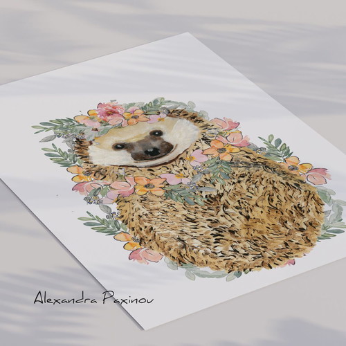 Children's Poster Hedgehog New with Flowers