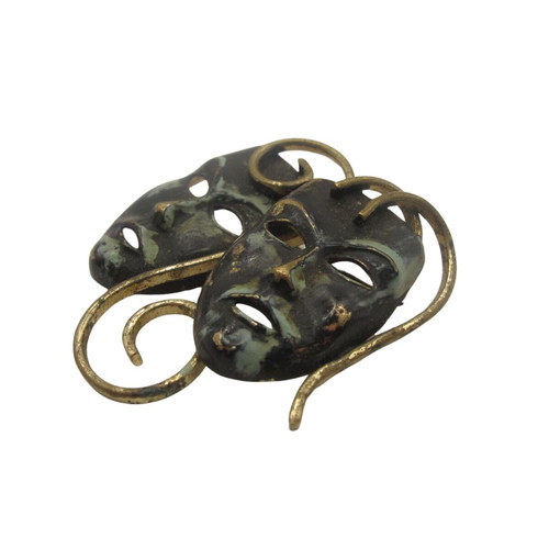 Vintage brass brooch with comedy and tragedy masks, 1950–1960