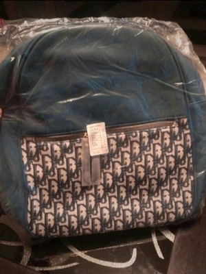 Backpack new blue with design, leather and fabric