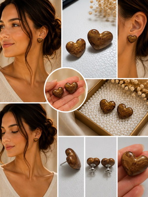 Bronze Marble Earrings handmade heart shape with polymer clay and steel