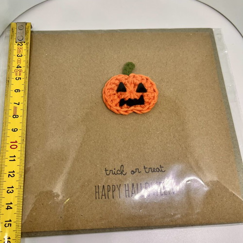 Handmade Halloween card with crocheted pumpkin and envelope, new
