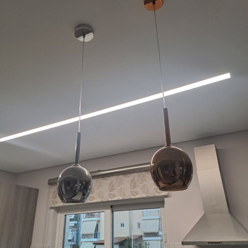 Glass pendant lamps, 2 gold and 1 inox