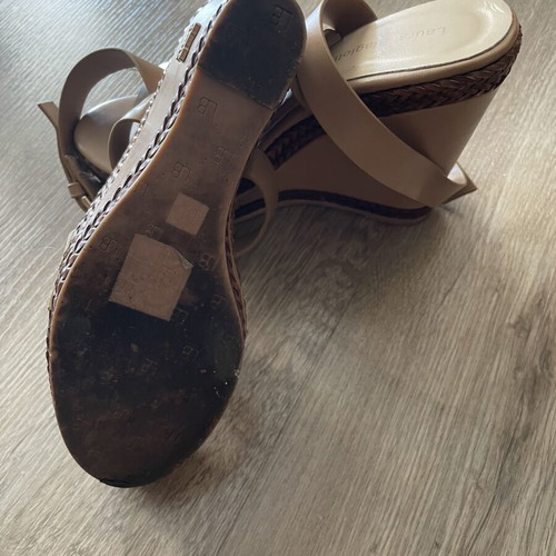 Laura Biagiotti leather platform sandals used, beige with straw detail