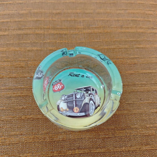 Glass thick ashtray new with vintage car design