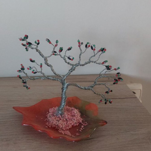 Decorative tree with wire and beads on orange leaf base new