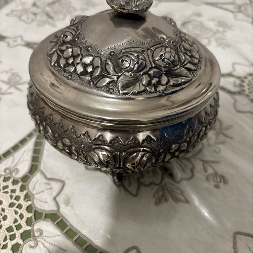 Handmade silver-plated fondue pot with carved details like new