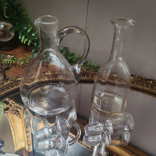 Vintage French glass cruet set for oil and vinegar with ground stoppers