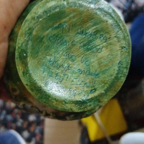 Ceramic amphora with green patina, handmade, used