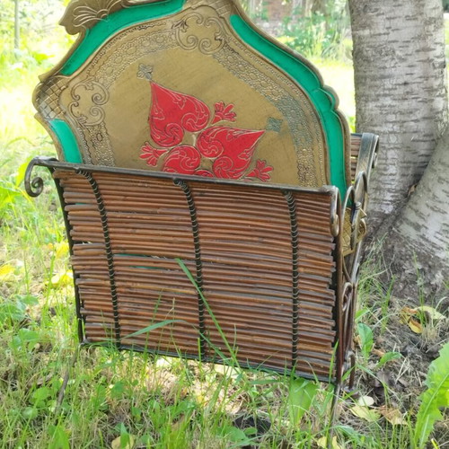 Vintage magazine and newspaper rack used, bamboo and wrought iron