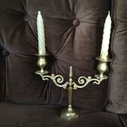 Vintage brass candlestick used with candles and gift of two candles