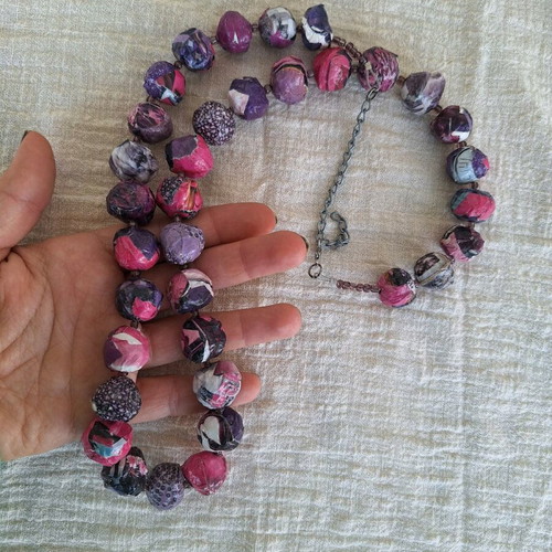 Long handmade bow tie necklace in purple and pink