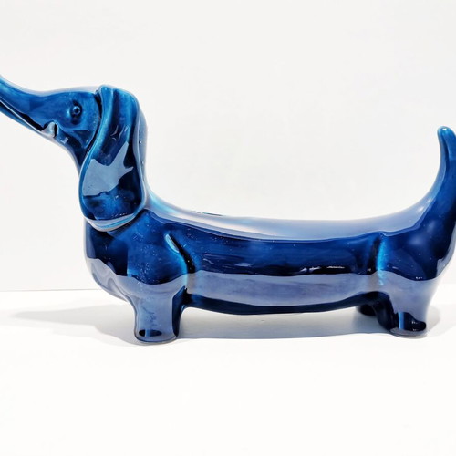 Fiance piggy bank used, Italian '60s dog-shaped with blue enamel
