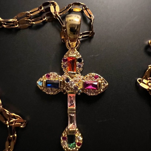Cross with stones gold color new with gift chain
