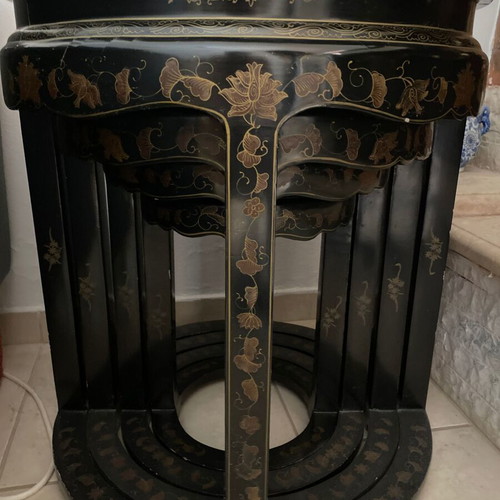 Asian-style nesting vintage coffee tables set used, wood with gold motifs