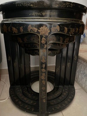 Asian-style nesting vintage coffee tables set used, wood with gold motifs
