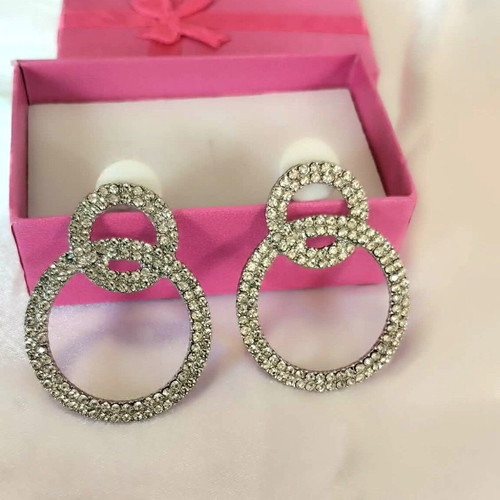 Earrings double hoops with sparkling strass new, silver