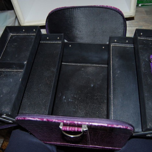 Professional leather makeup bag used, purple crocodile pattern