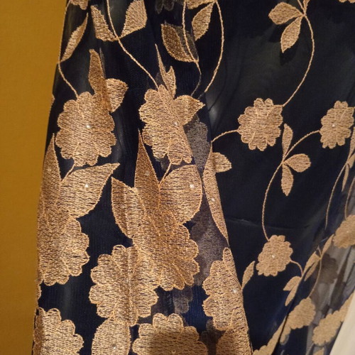 Dress kimono dark blue with gold beige floral embroidery and strass new L/XL