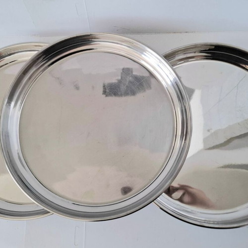 Round stainless steel serving trays used, pack of 3, 31cm diameter