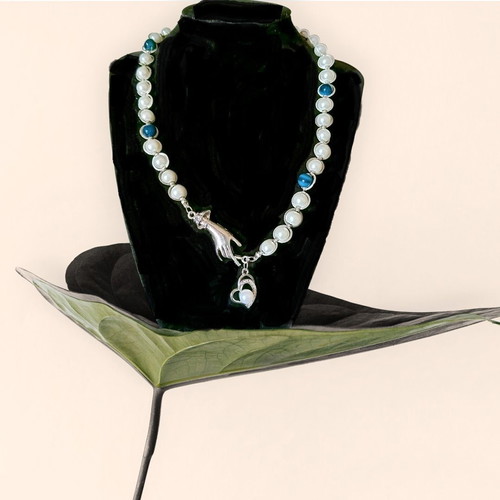 Handmade necklace with white pearls, blue tiger eye and metal elements new