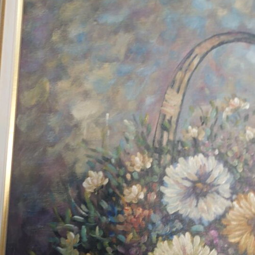 Vintage oil painting on canvas used, still life with flowers and frame