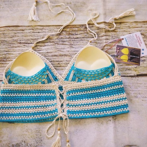 Handmade knitted swimsuit new, size M/L, beige and turquoise
