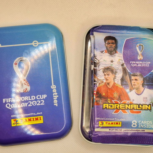 FIFA World Cup Qatar 2022 Metal Case and 4 Sealed Panini XL Adeenalyn Packs New