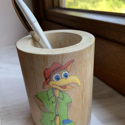 Wooden pencil holder with handmade vintage cartoon bird painting like new