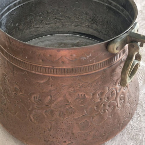 Copper forged cauldron used, antique with embossed designs