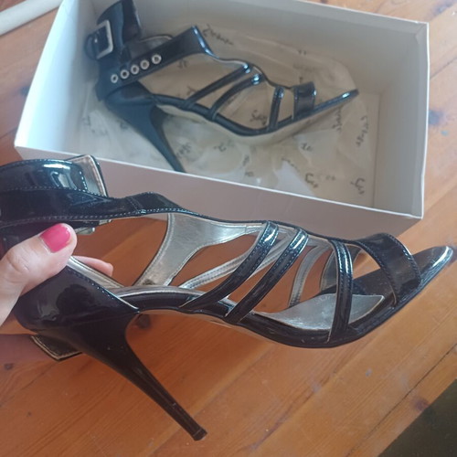 Mourtzi Black Patent Leather Evening Sandals Size 38