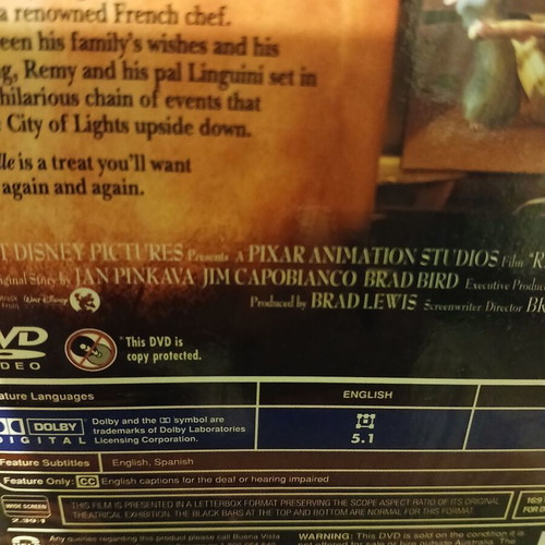 Ratatouille DVD used, English Spanish subtitles