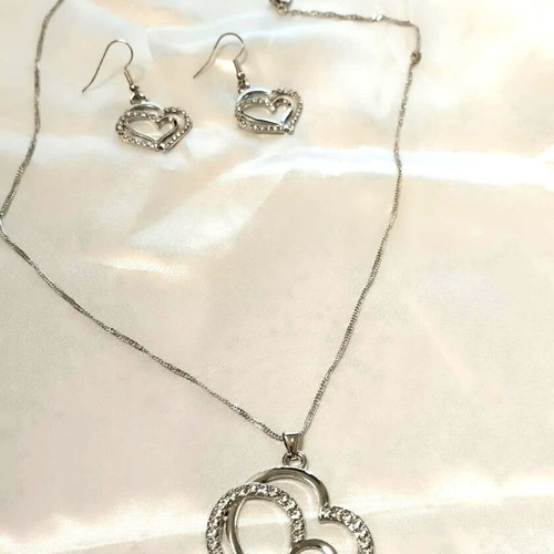 Heart necklace and earrings set with sparkling zircon, silver color, new