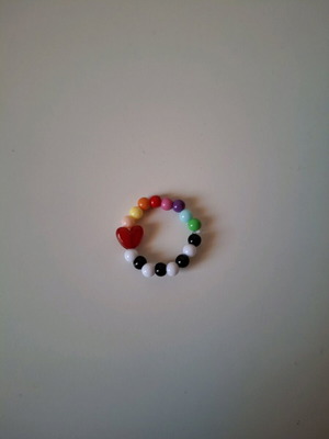 Handmade ring with beads and heart on elastic cord made to order
