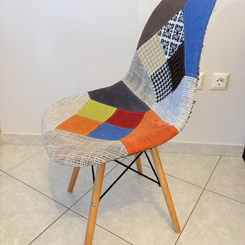 Patchwork fabric chair with wooden legs, used, vintage/scandi style