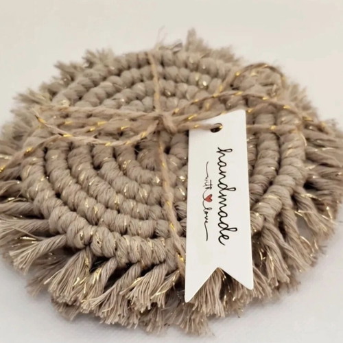 Handmade macrame coasters set of 2, mocha with gold details
