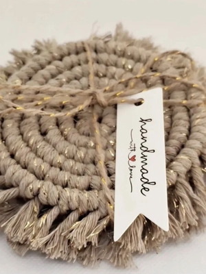 Handmade macrame coasters set of 2, mocha with gold details