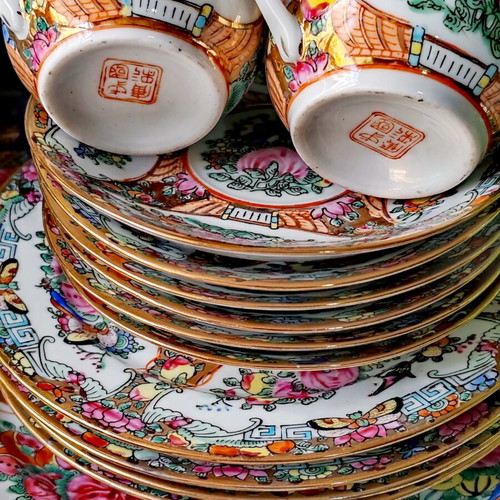 Vintage Chinese Rose Medallion porcelain tea set, handpainted