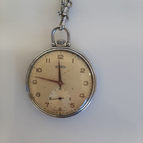 Pocket Watch Technos used, with silver chain, 1947, Swiss Made
