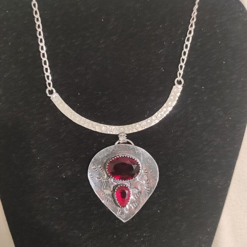 Ethnic Silver Necklace with Garnet Stone New, 40 cm Chain